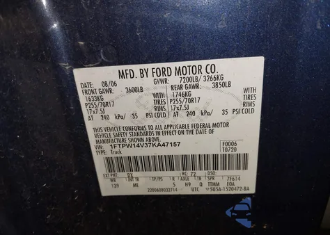 2007 Ford F-150 Fx4/Lariat/Xlt из США, поврежденный, VIN 1FTPW14V37KA47157